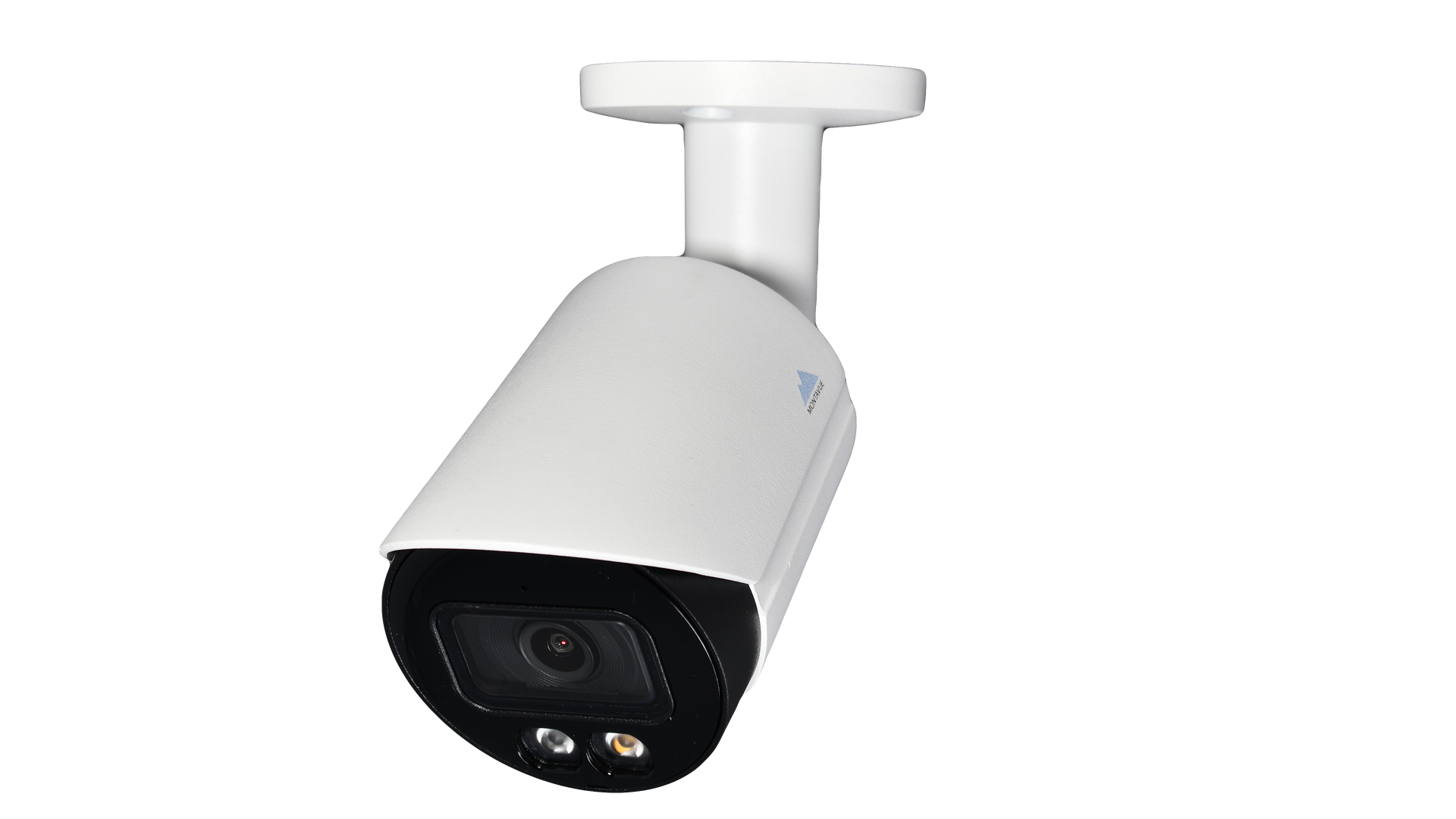 White outdoor security camera with black lens housing, mounted on a ceiling bracket