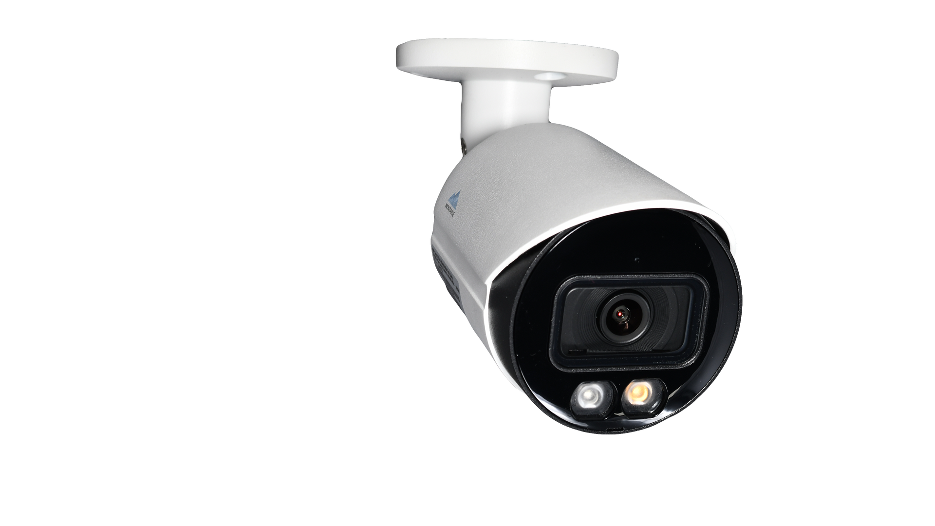 White outdoor security camera mounted on a ceiling bracket, angled downward.