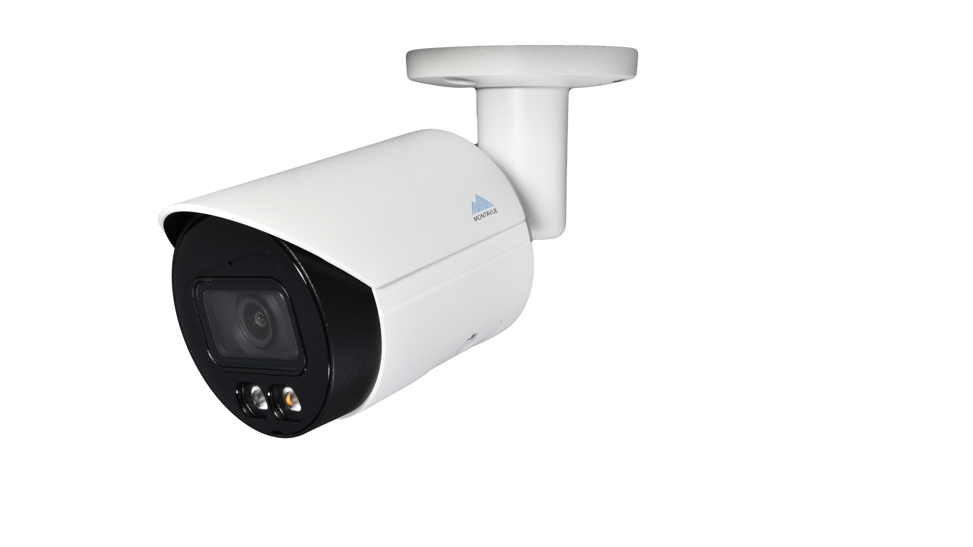 White security camera mounted on a wall bracket, angled downward.