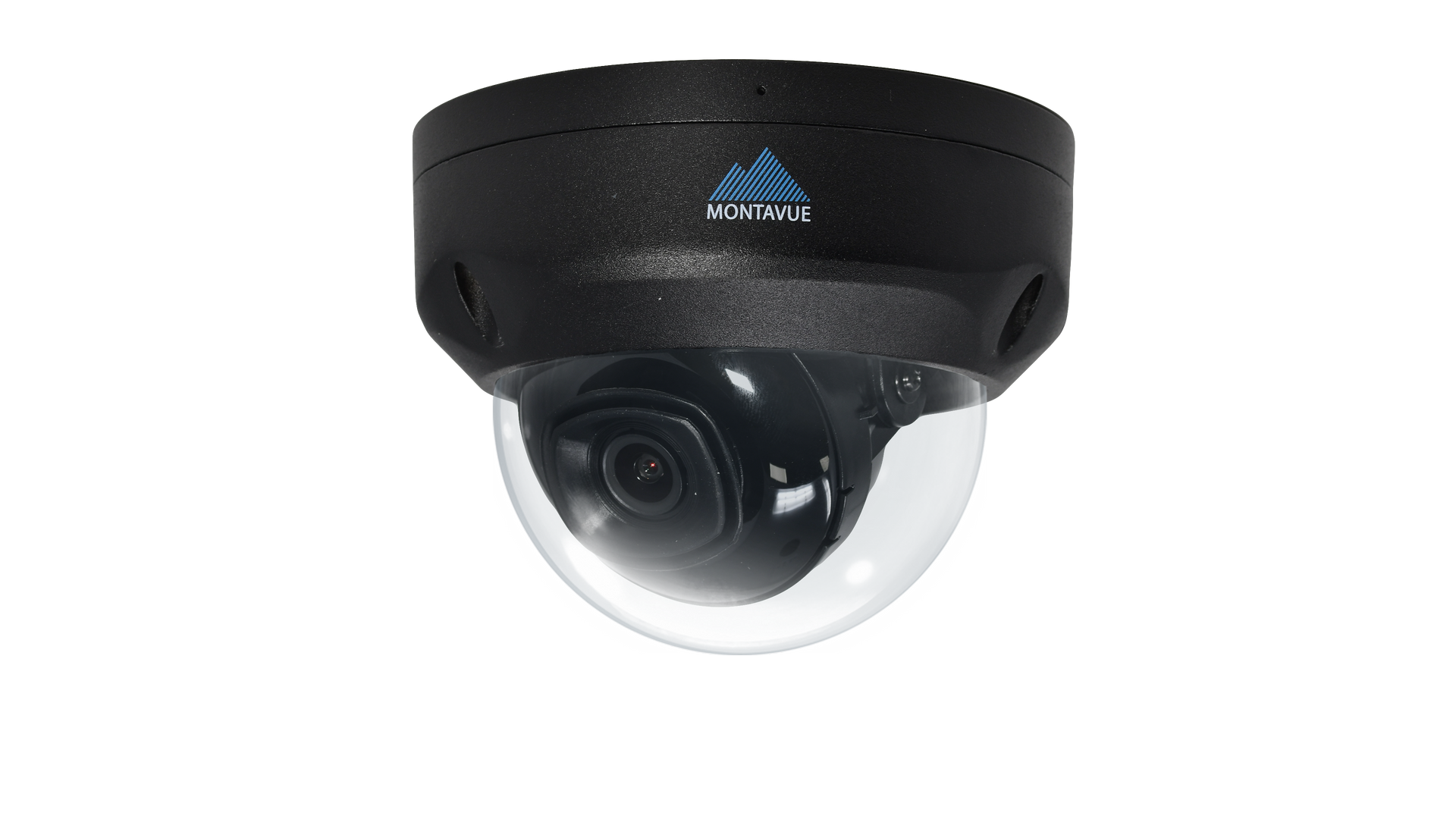 Black dome security camera with clear bubble lens, mounted on a white background