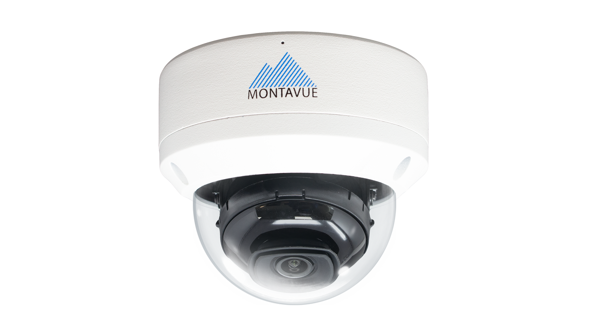 White dome security camera mounted on a ceiling, with a black lens housing and logo on the casing