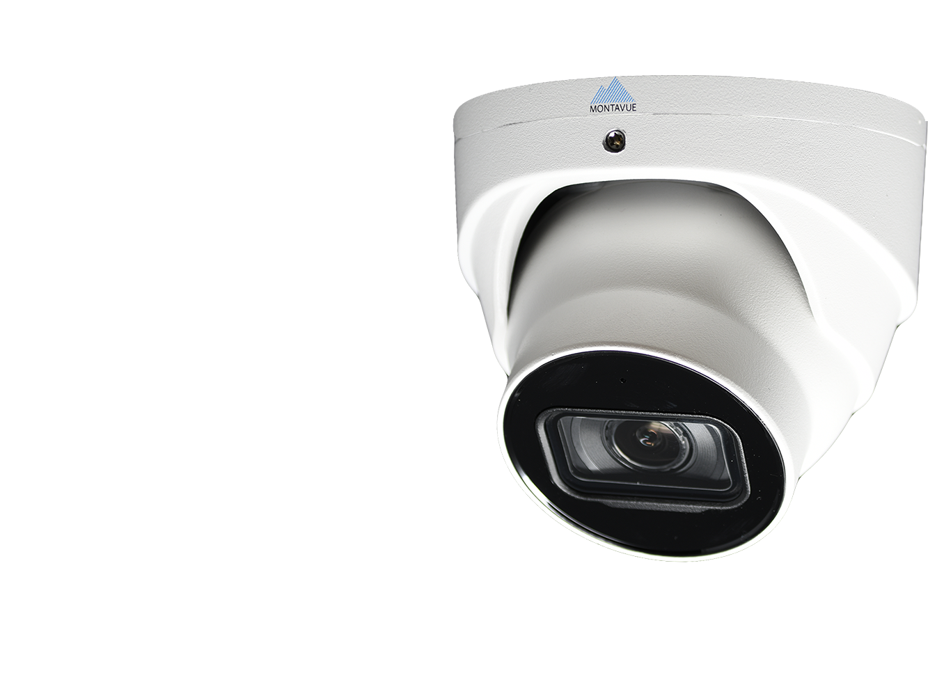 White dome security camera with black lens on a plain background