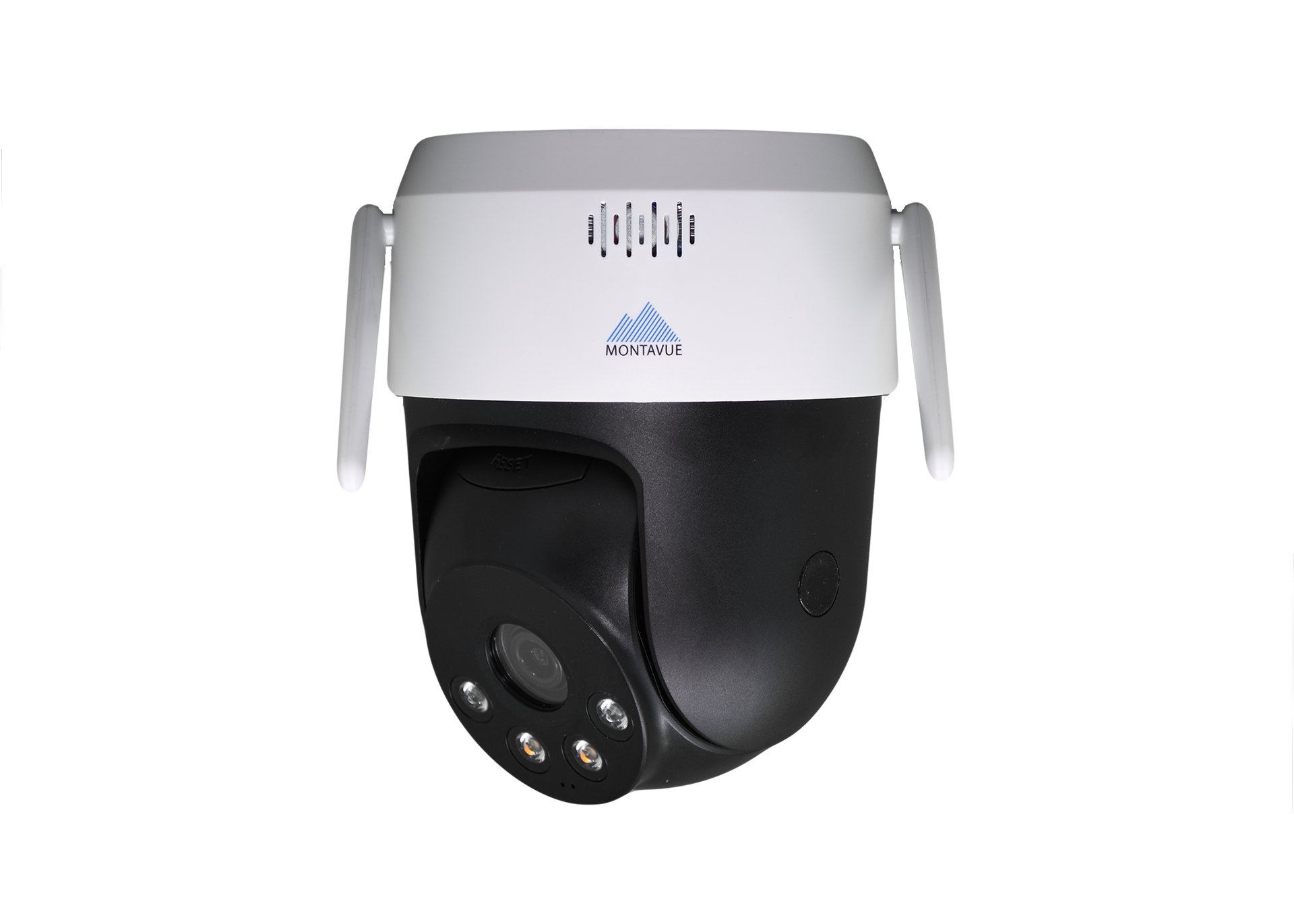 White and black pan-tilt security camera with side antennas and hanging mount, front view