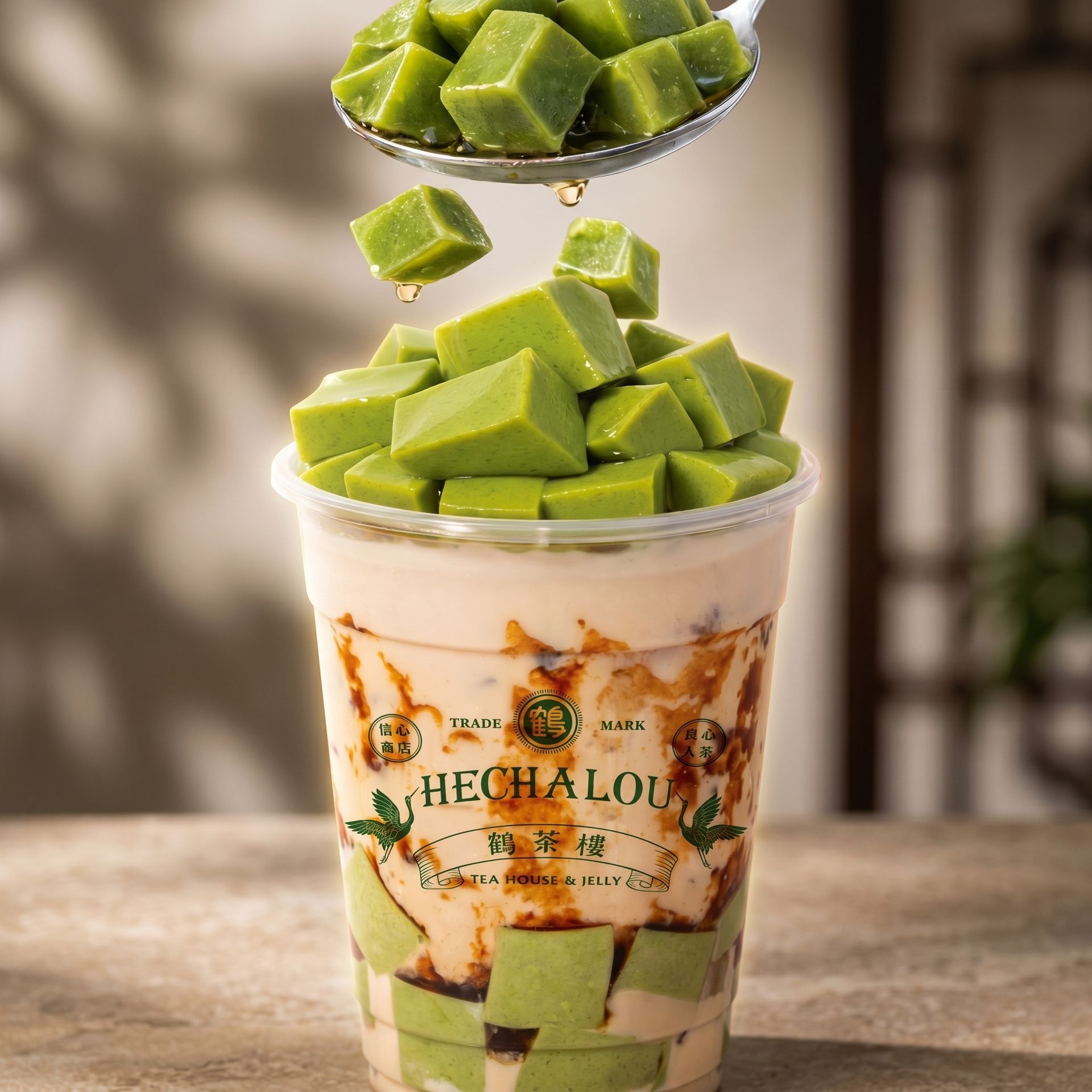 Mango sticky rice dessert cup topped with diced green fruit cubes, stacked in a spoon above the cup