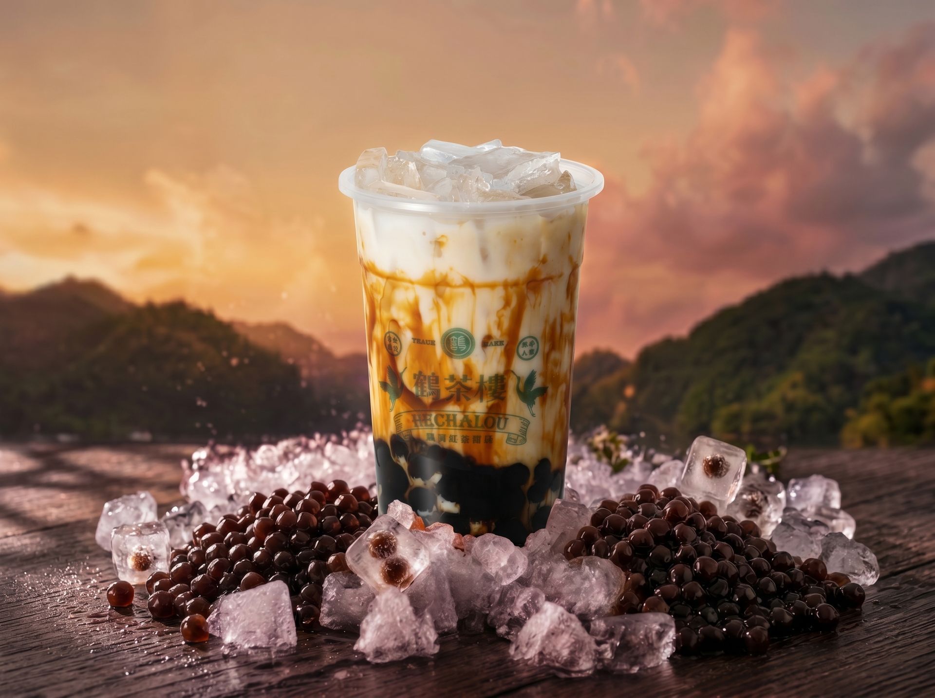 Iced coffee drink in a clear cup with whipped cream, surrounded by ice crystals at sunset in a mountain landscape