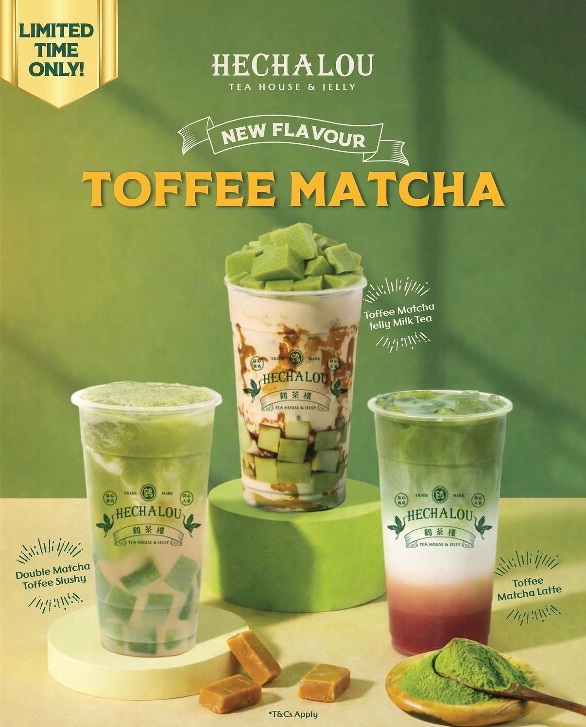 Toffee matcha drinks ad with three green beverages and toffee pieces on a green background