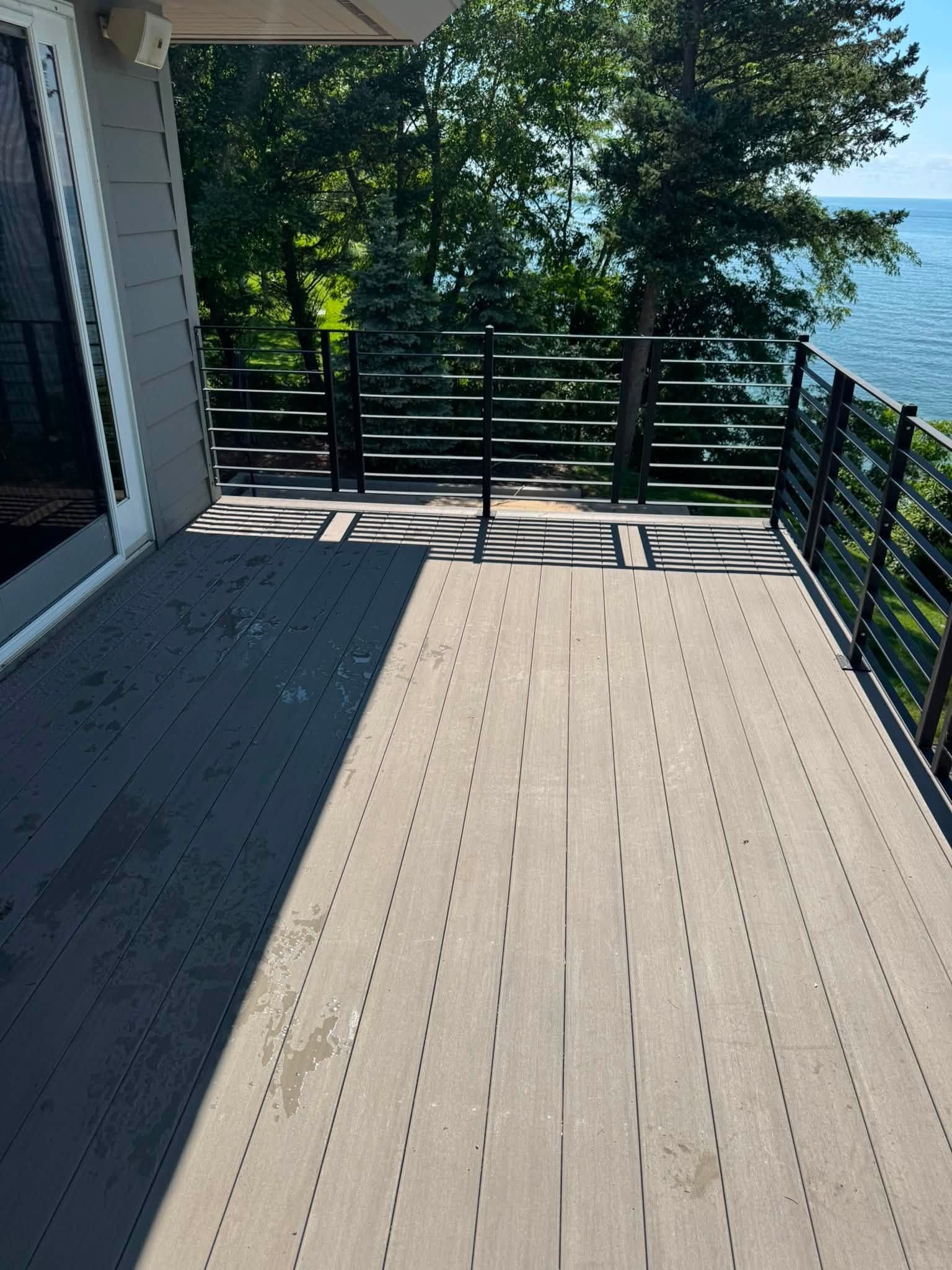 Wooden deck with black railing overlooking trees in bright sunlight
