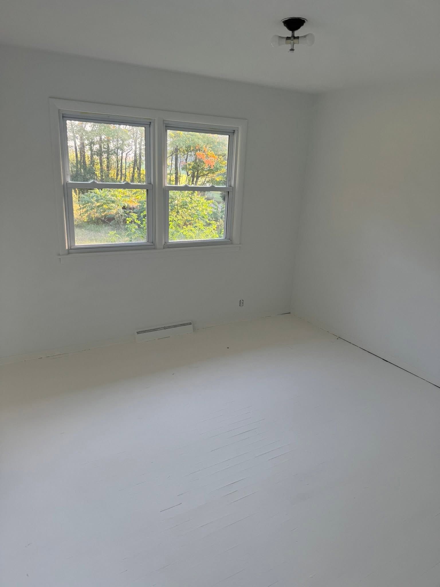 Empty white room with a window overlooking trees and a bare light fixture on the ceiling