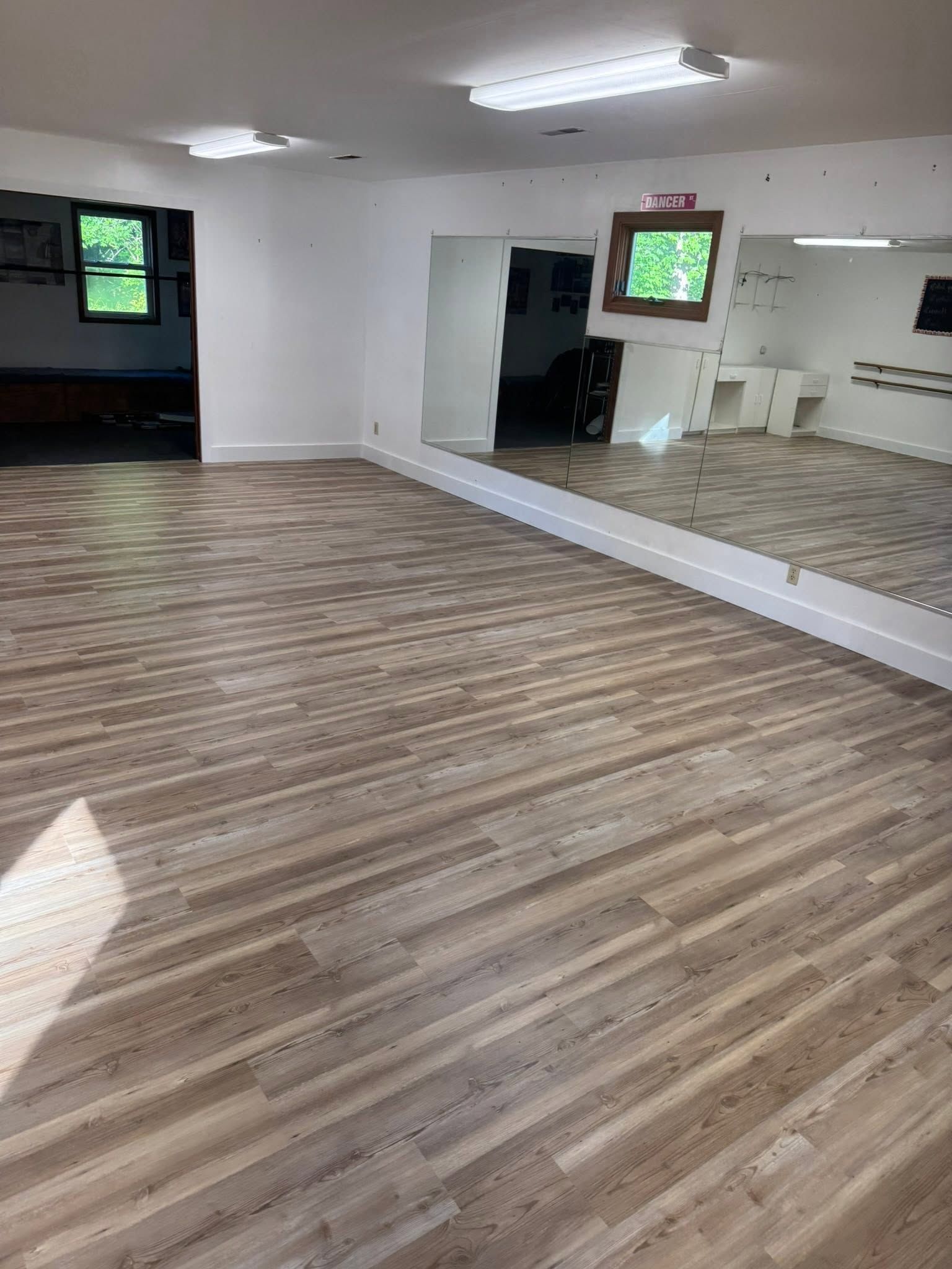 Empty dance studio with wood floor, wall mirror, windows, and fluorescent lights.