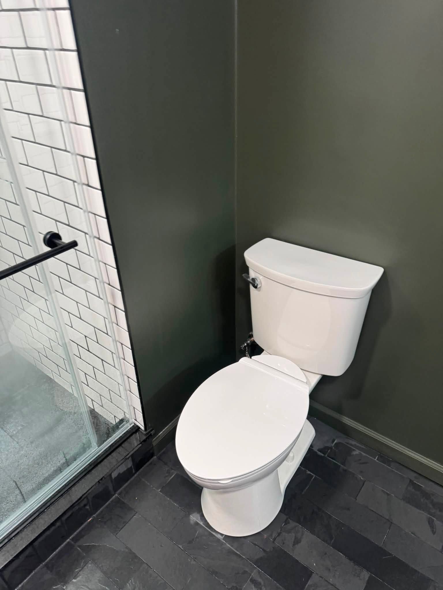 Small bathroom with a white toilet beside a glass shower and dark tile floor.