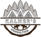 Kalmer’s Consulting logo with gray mountain peaks, pine trees, and brown circular accents