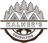 Kalmer&rsquo;s Consulting logo with gray mountain peaks, pine trees, and brown circular accents