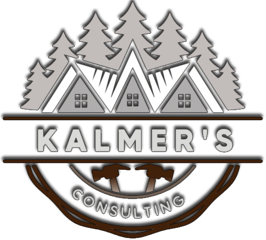 Kalmer’s Consulting logo with gray mountain peaks, pine trees, and brown circular accents
