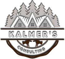 Kalmer’s Consulting logo with gray mountain peaks, pine trees, and brown circular accents