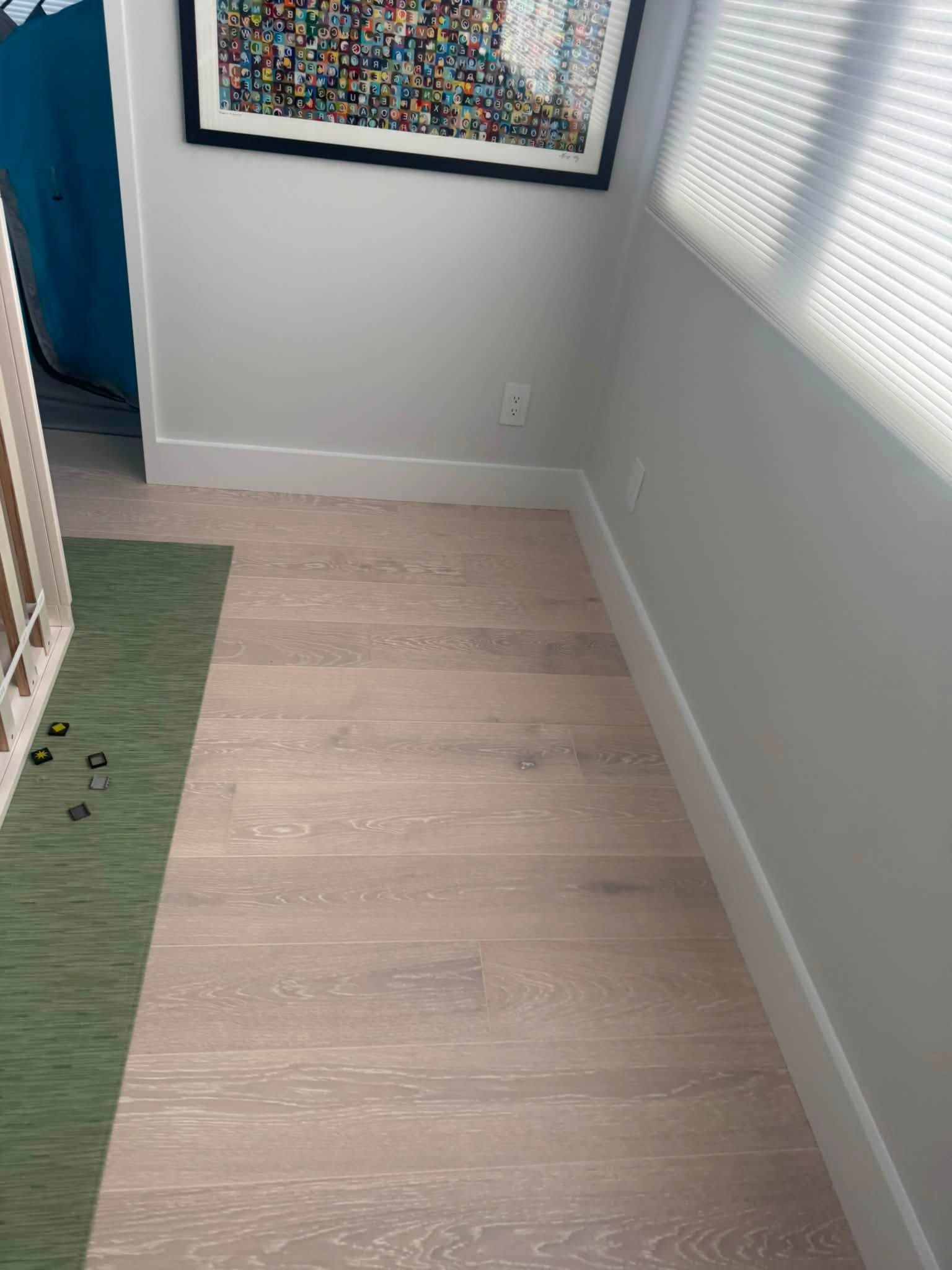 Narrow hallway with light wood flooring, white walls, a green rug, and a framed artwork on the wall.