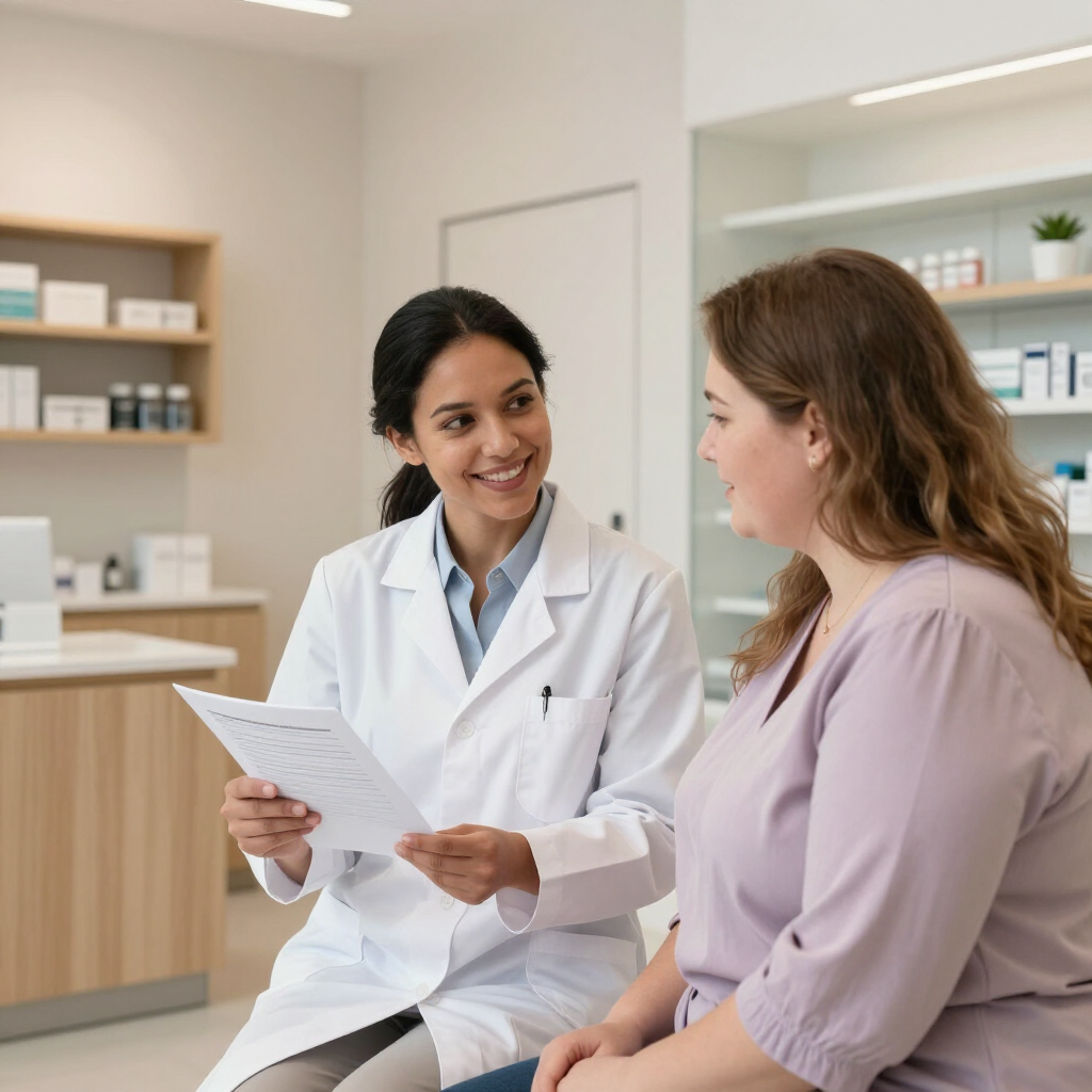 Doctor discussing paperwork with a patient in a bright clinic office.