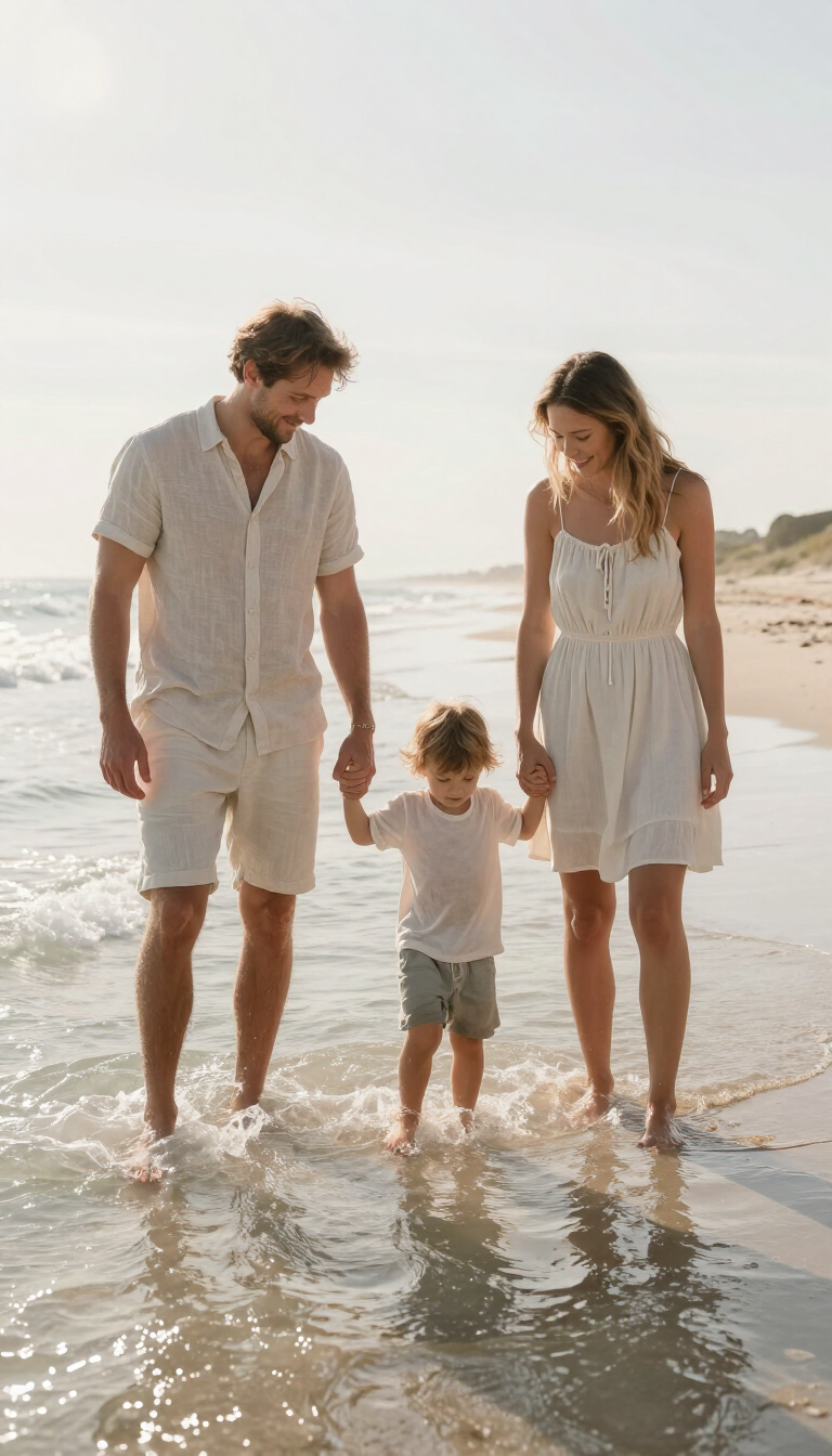 Family of three walking barefoot in shallow surf at the beach, wearing light summer clothes.