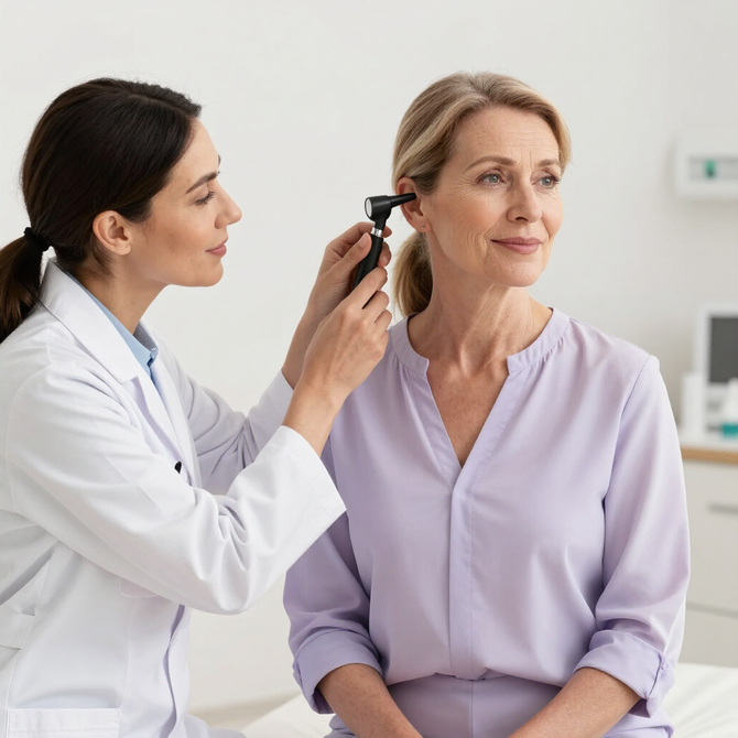 Doctor examining a patient’s ear with an otoscope in a bright clinic room