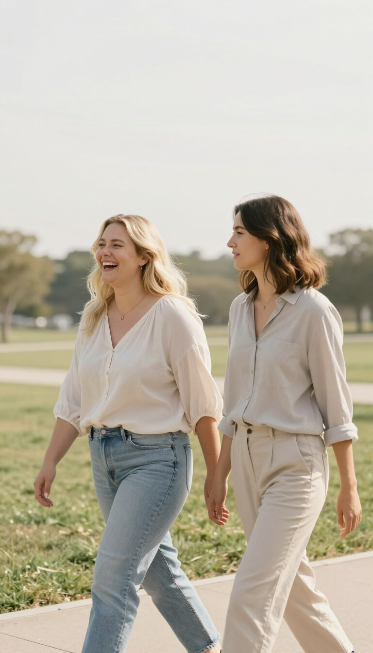 Two women walking side by side on a sunny park path, smiling and talking.