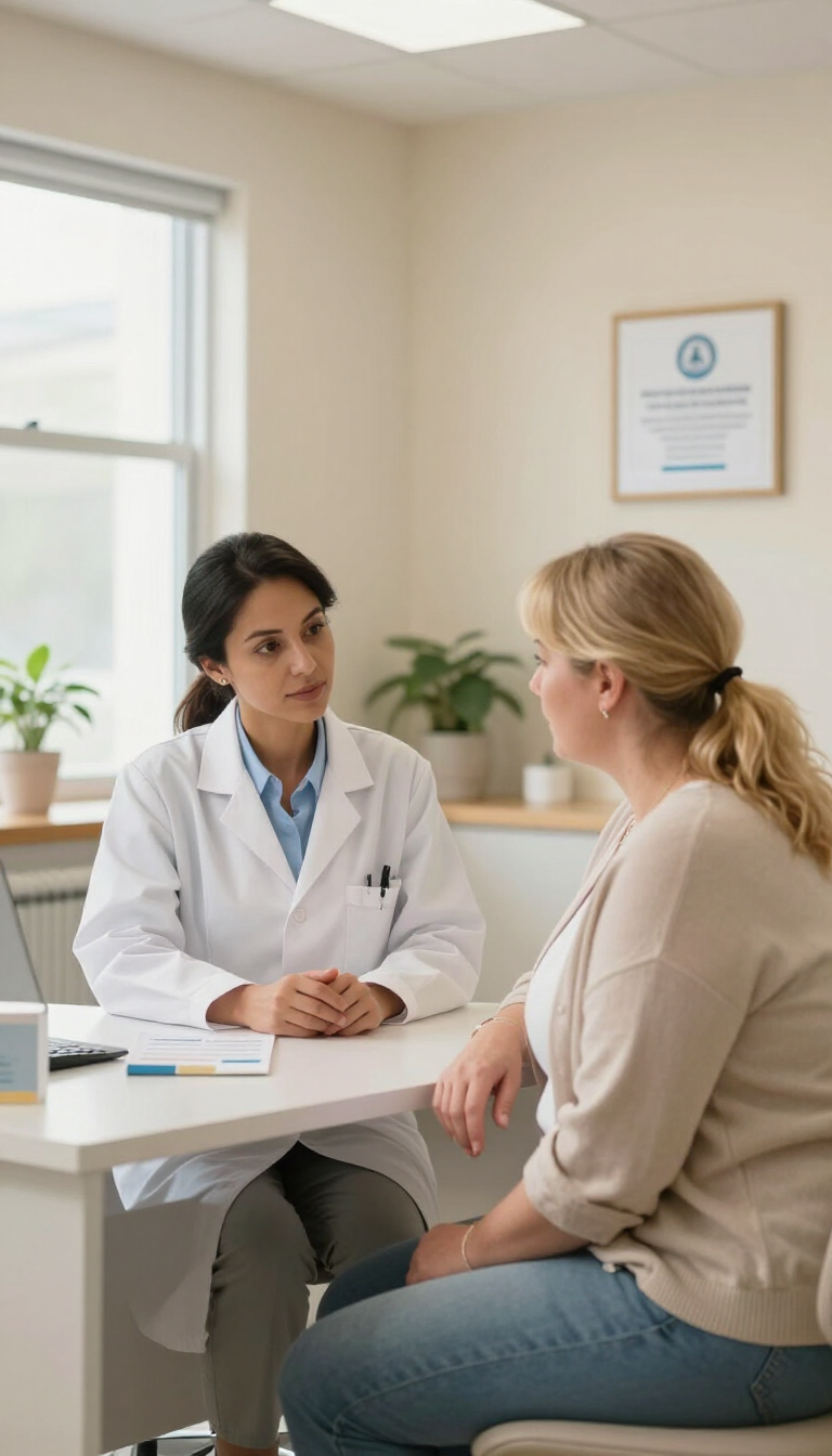 Doctor consulting with a patient in a bright clinic office.