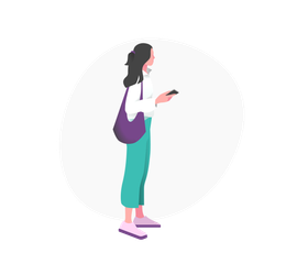Person standing and looking at a smartphone, wearing a white top, teal pants, and purple shoes with a purple bag.