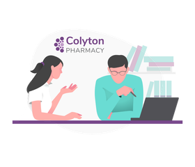 Colyton Pharmacy illustration of a pharmacist and customer talking beside shelves and a laptop
