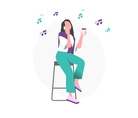 Woman sitting on a stool and listening to music on her phone, with floating music notes.