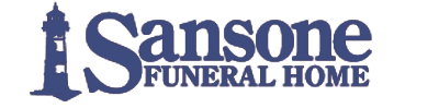 Sansone Funeral Home logo featuring a lighthouse, and the name "Sansone", "FUNERAL HOME". Dark red.