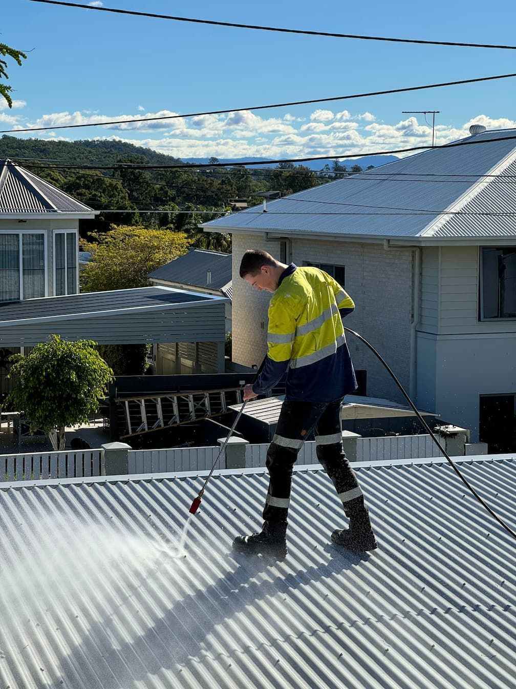 A man is cleaning the roof of a house with a high pressure washer.