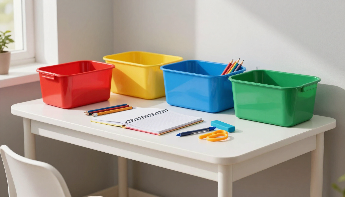 Organized kids study area with school supplies