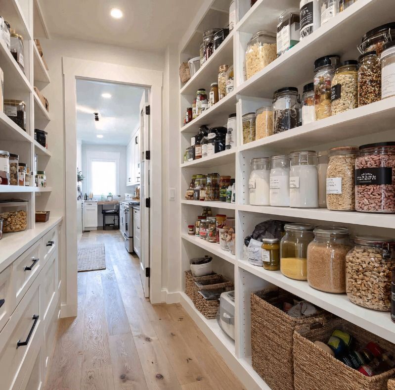A pantry with white shelves, filled with jars and baskets of food. Light wood floors and a doorway to a kitchen are visible.