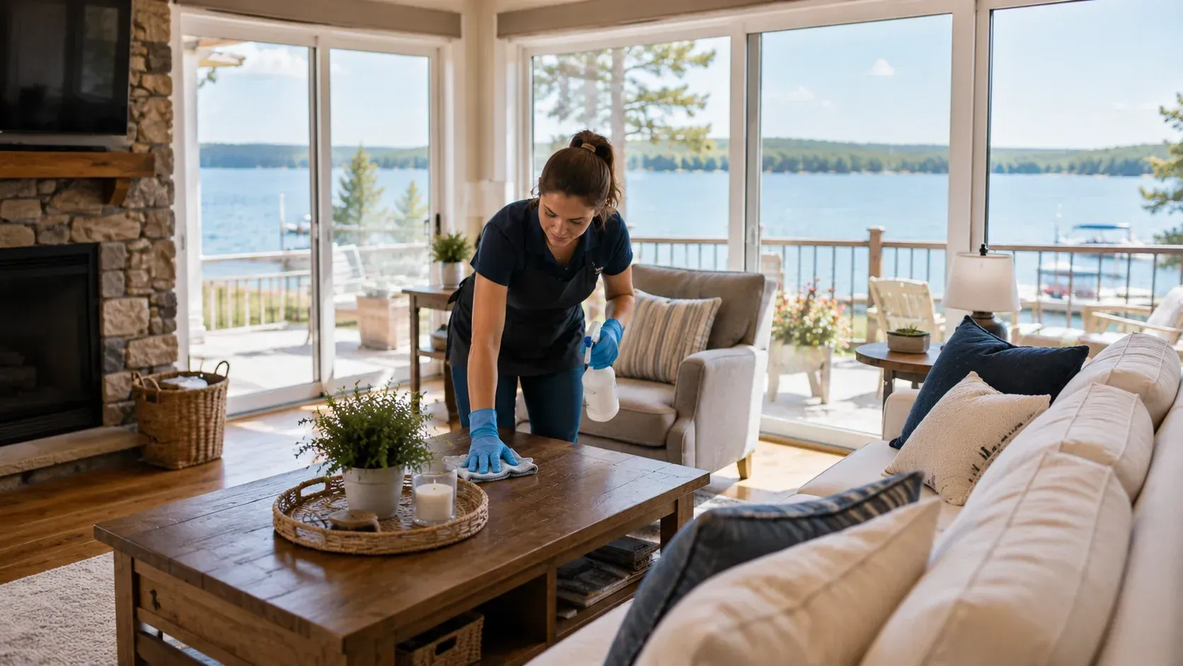A professional cleaner wiping a coffee table during a vacation home clean between guests session.