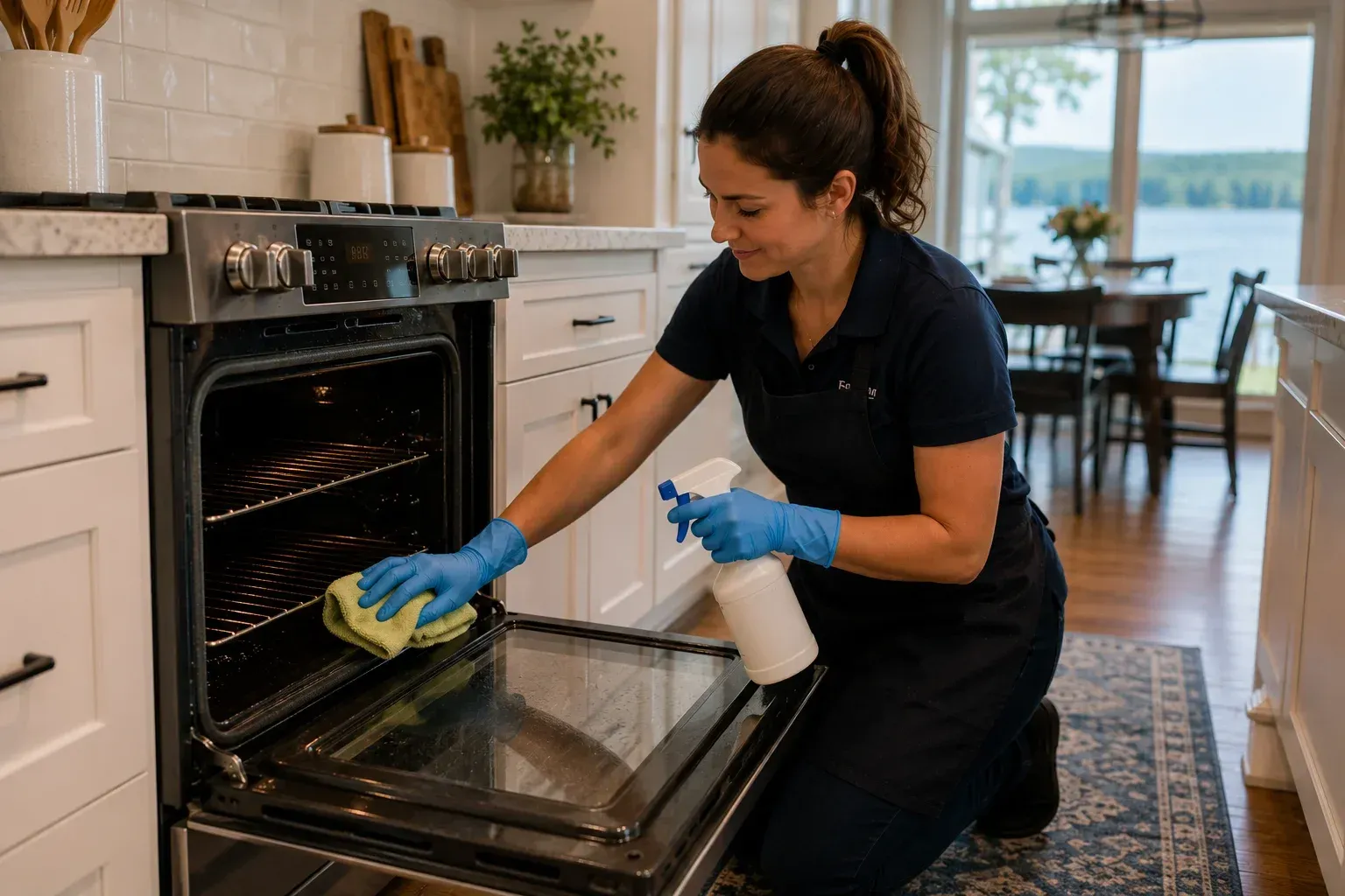 A professional cleaner scrubbing an oven interior as part of a standard vs. deep house cleaning service.