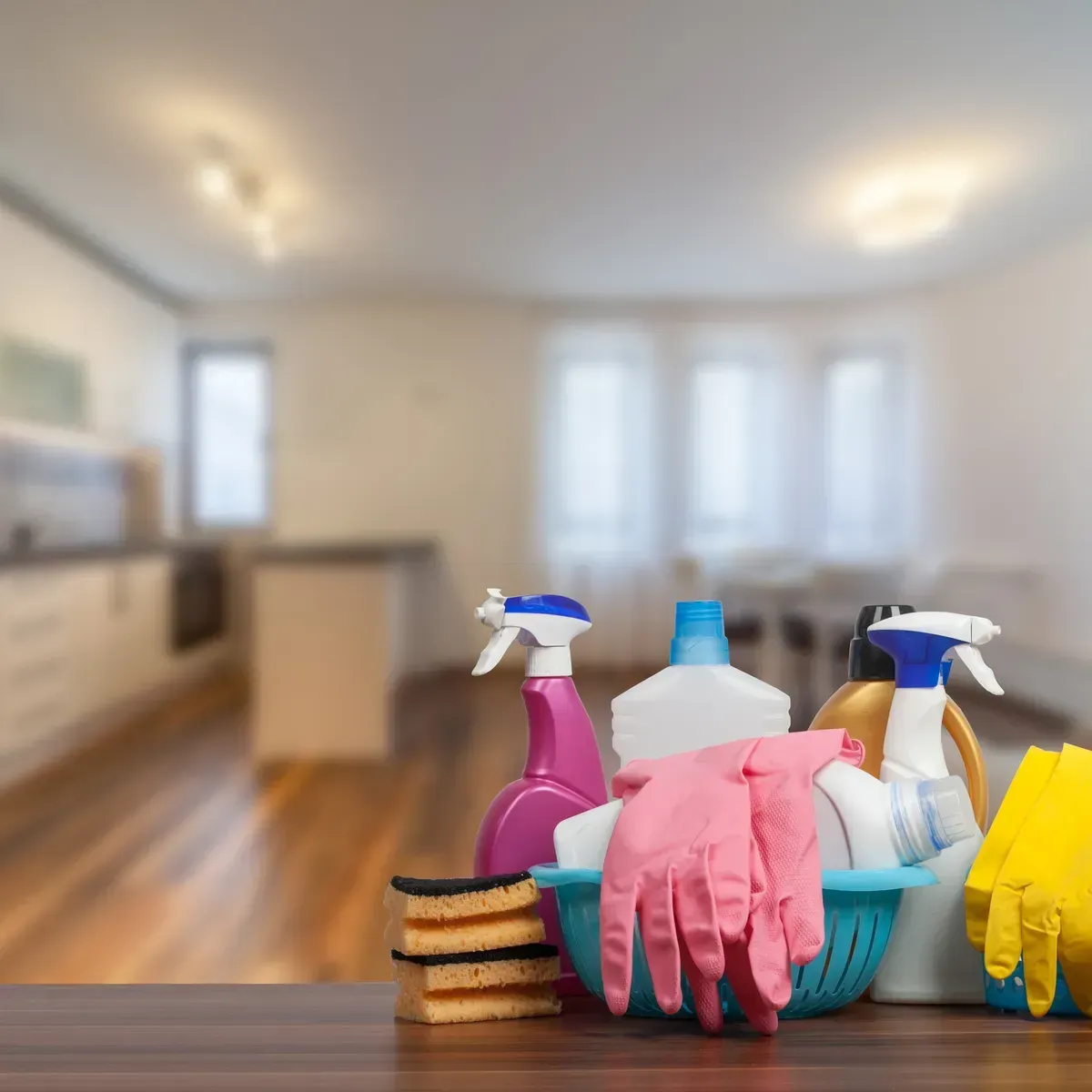 Cleaning supplies on a table: spray bottles, sponges, gloves, with a blurred room background.