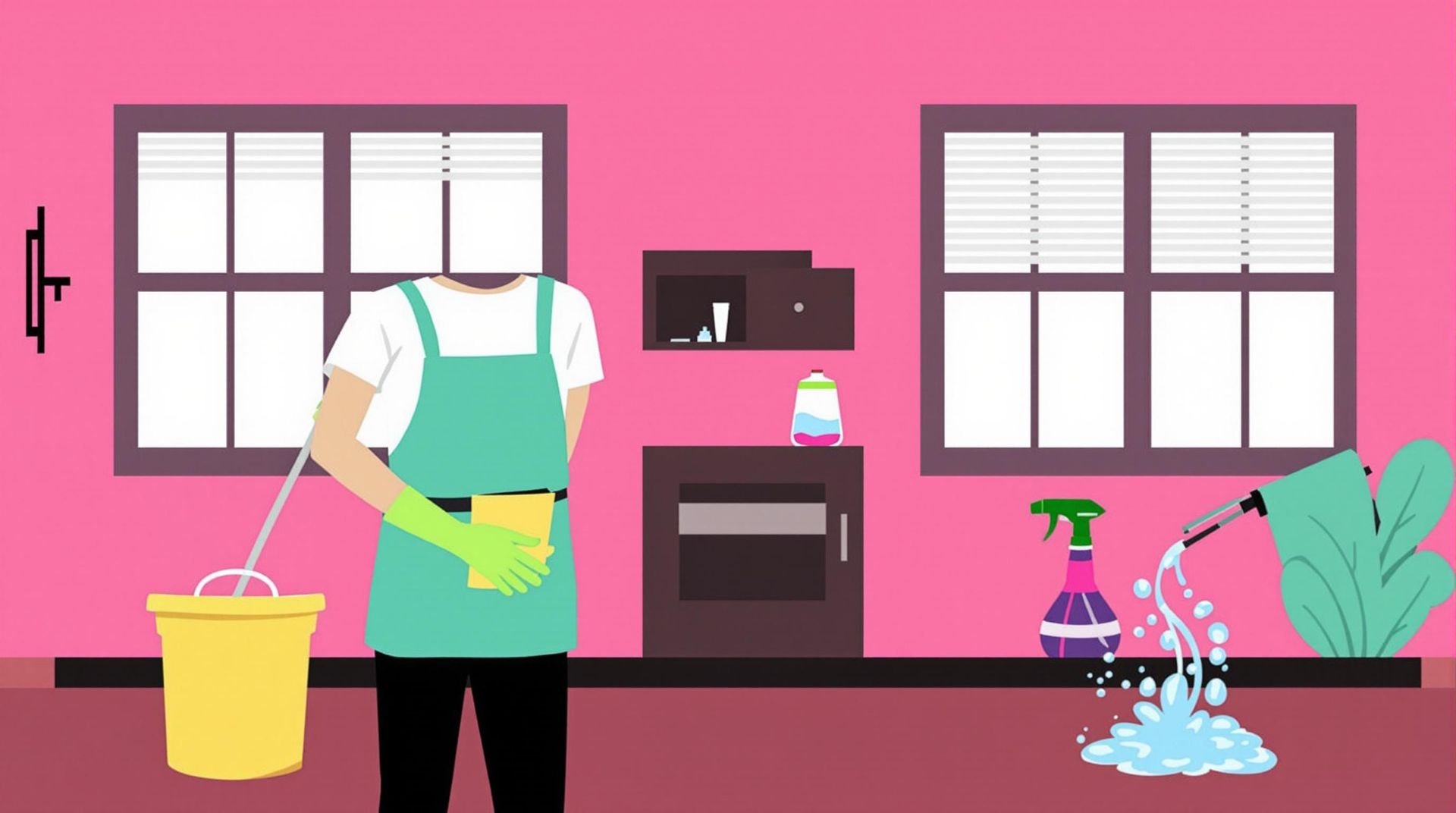 A person wearing an apron cleans a kitchen with water and a bucket. Pink walls, windows, and cleaning supplies.