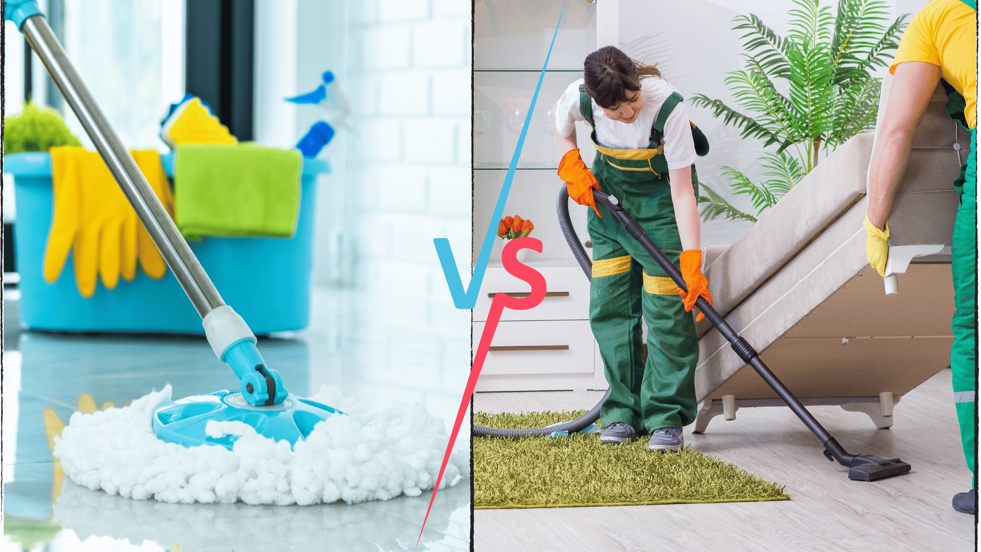 Mop vs. Vacuum: Cleaning supplies and bucket on left. People vacuuming green rug on right.