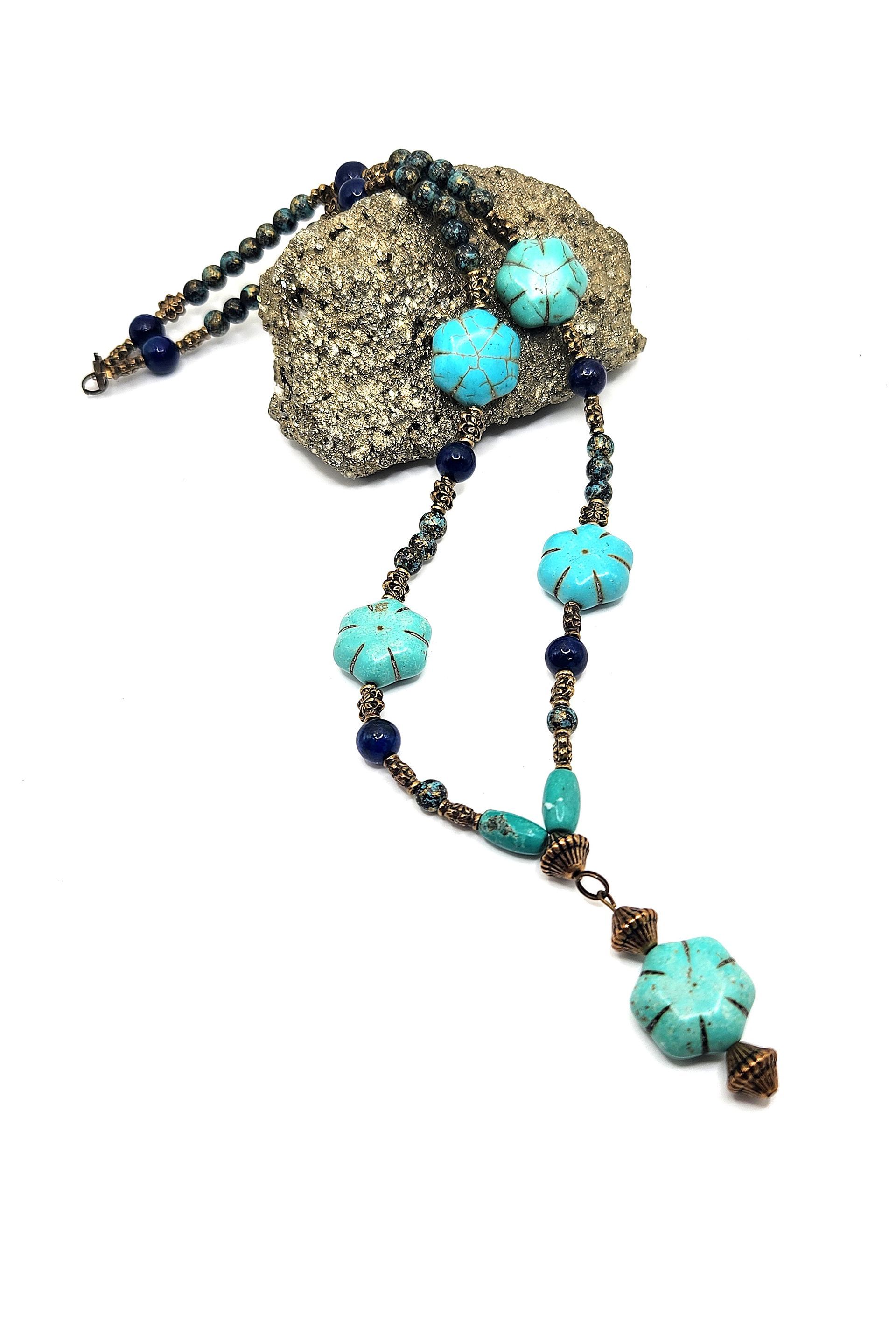 Trendy Turquoise Lapis Flower Crystal Necklace