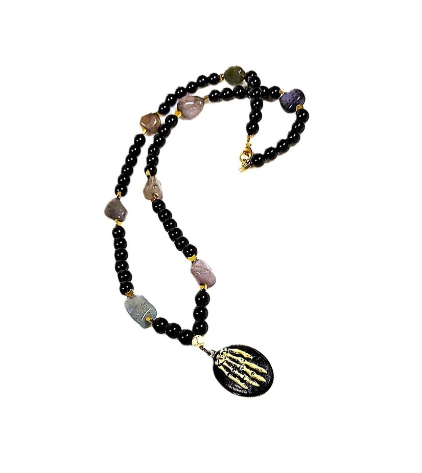 Intriguing Black Agate Skeleton Crystal Necklace