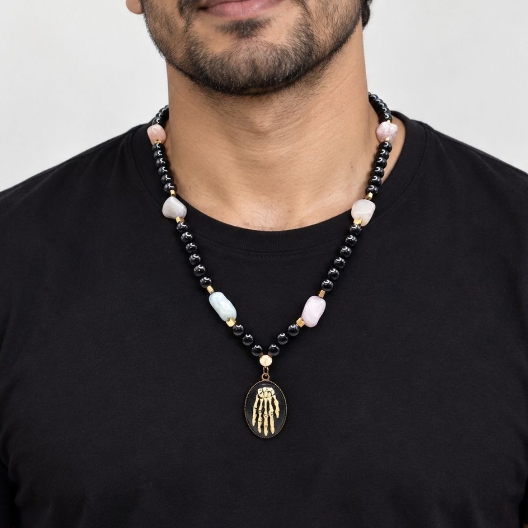 Intriguing Black Agate Skeleton Crystal Necklace