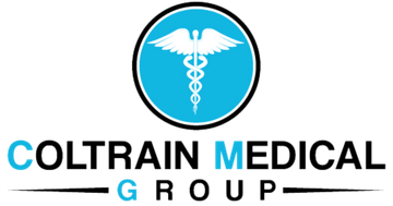 The logo for coltrain medical group shows a caduceus in a blue circle.