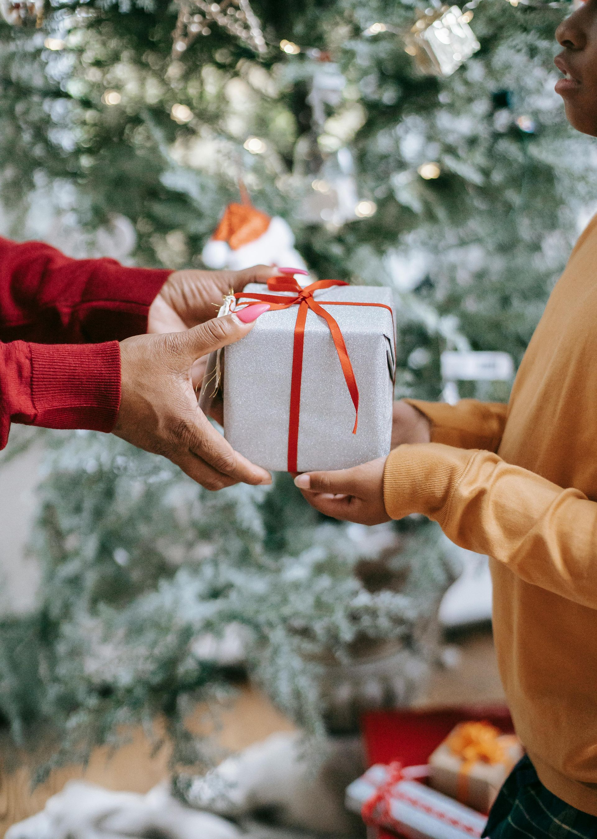 Hands passing a white gift box tied with red ribbon in front of a Christmas tree.