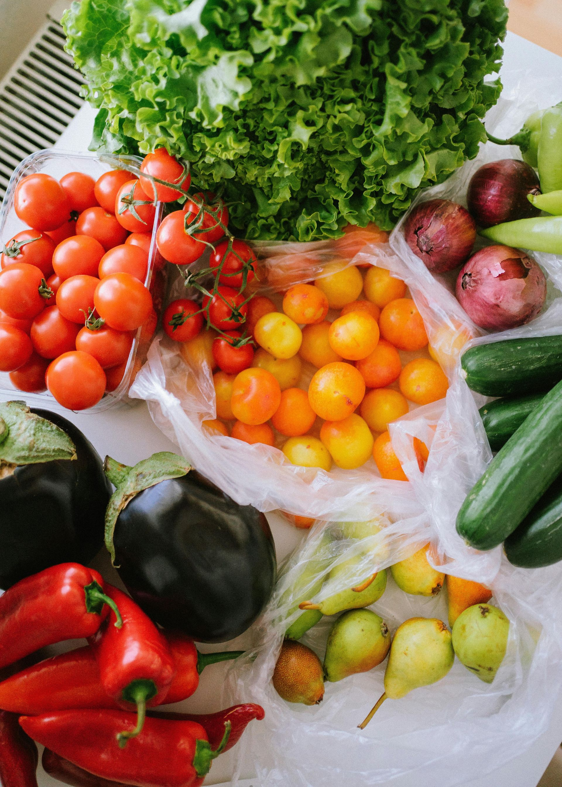 Fresh produce: tomatoes, lettuce, eggplants, peppers, cucumbers, onions, and pears on a white surface.
