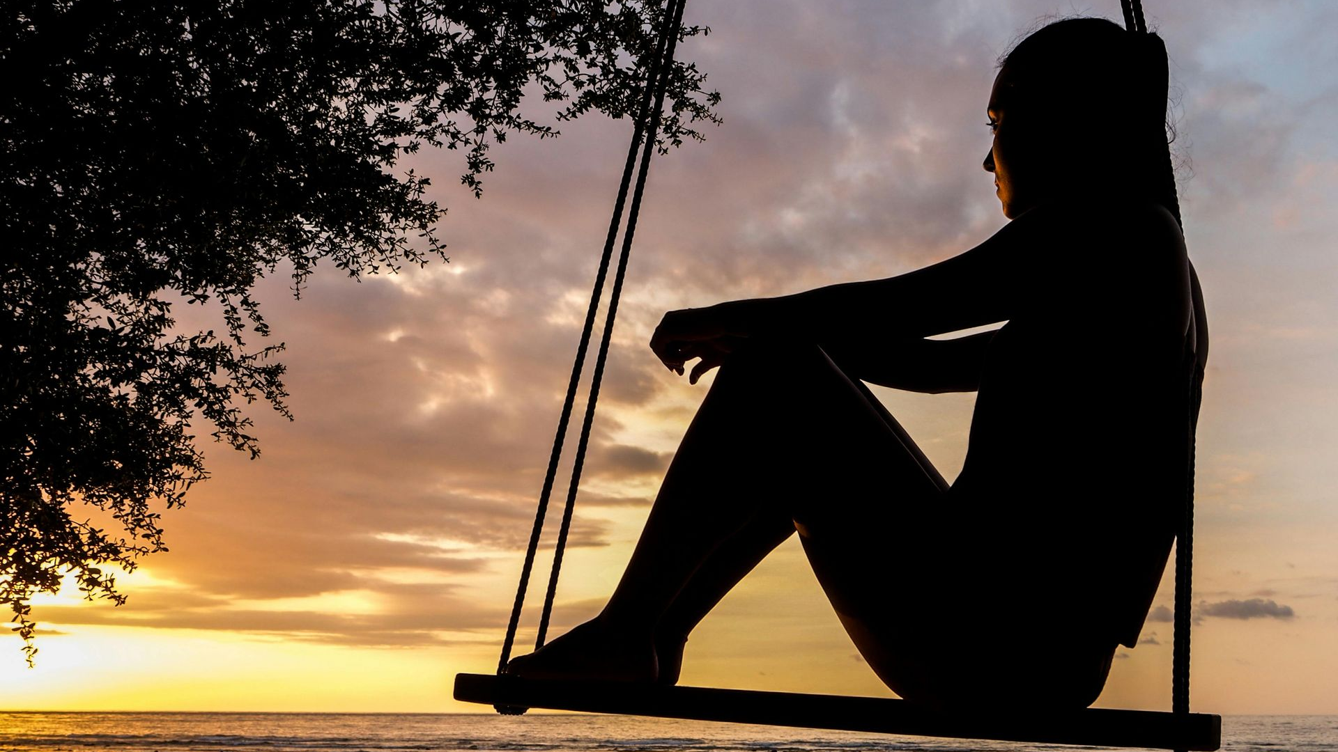 Silhouette of person on a swing set, looking out at a sunset over the water, under a tree.