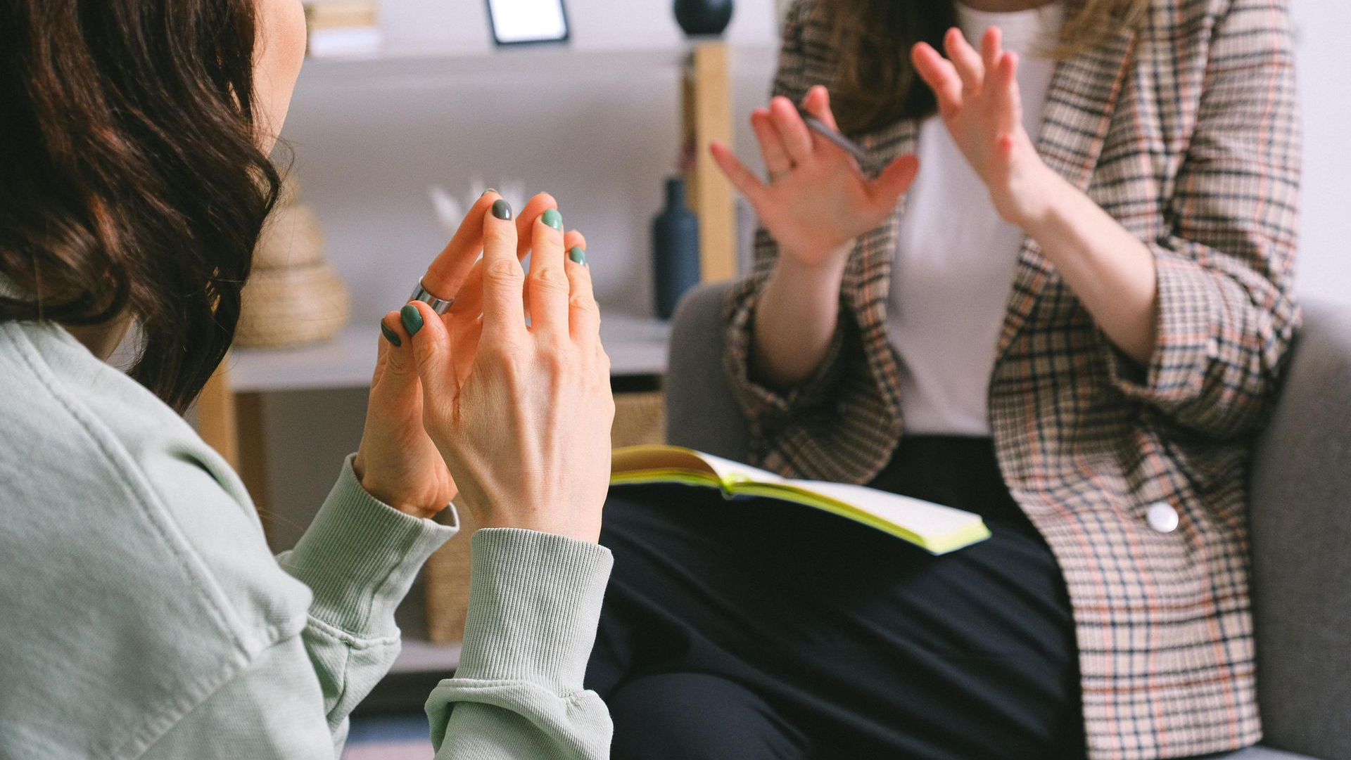 Two women in a therapy session. One gestures with hands, the other listens.