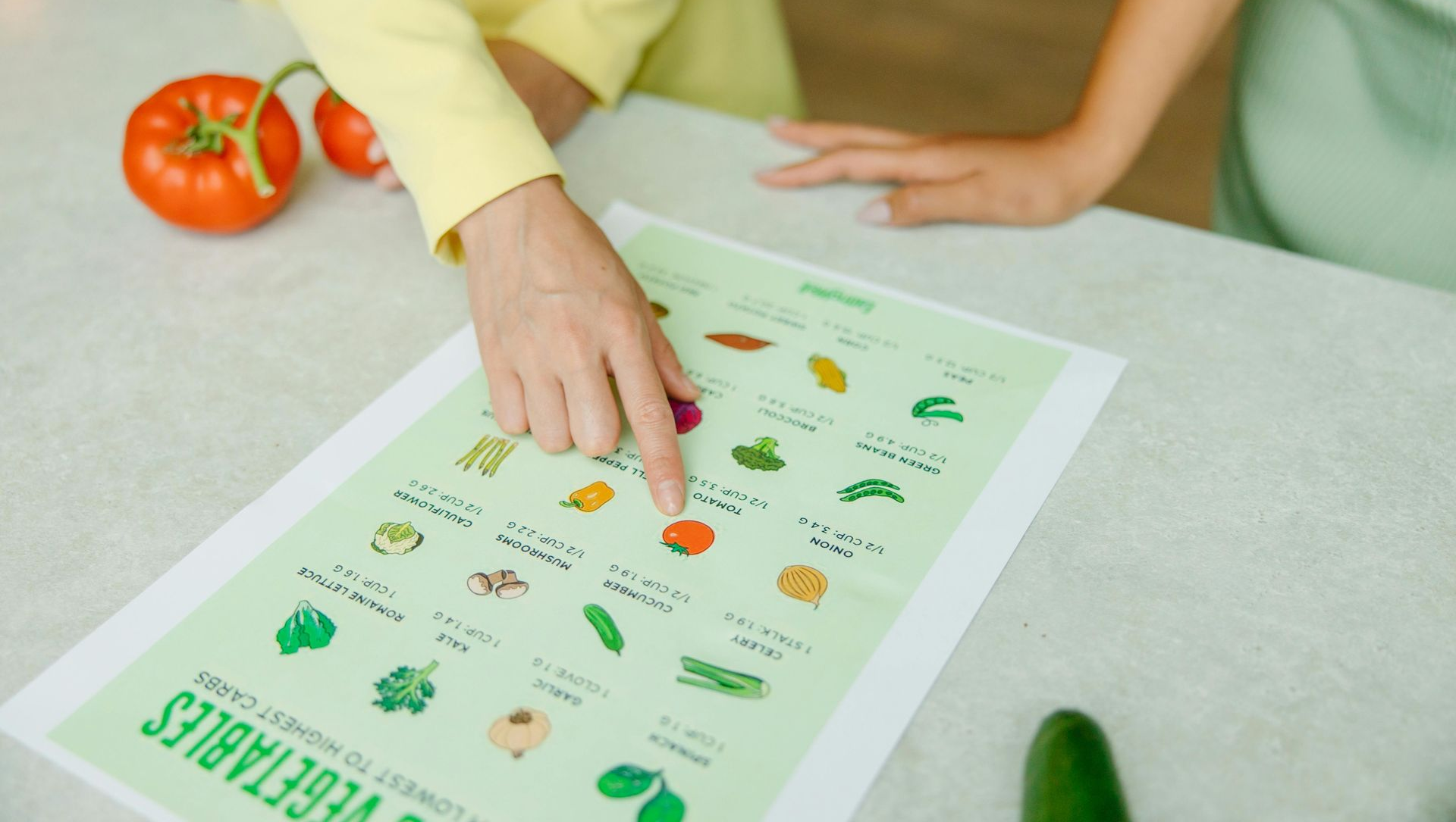 People pointing at a vegetable chart, with tomatoes and a cucumber on the table.