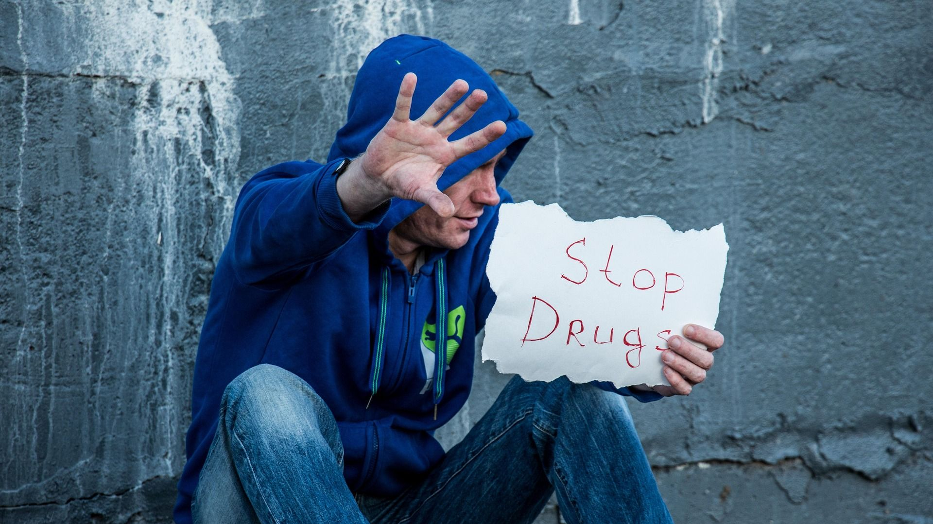 Person in blue hoodie, holding