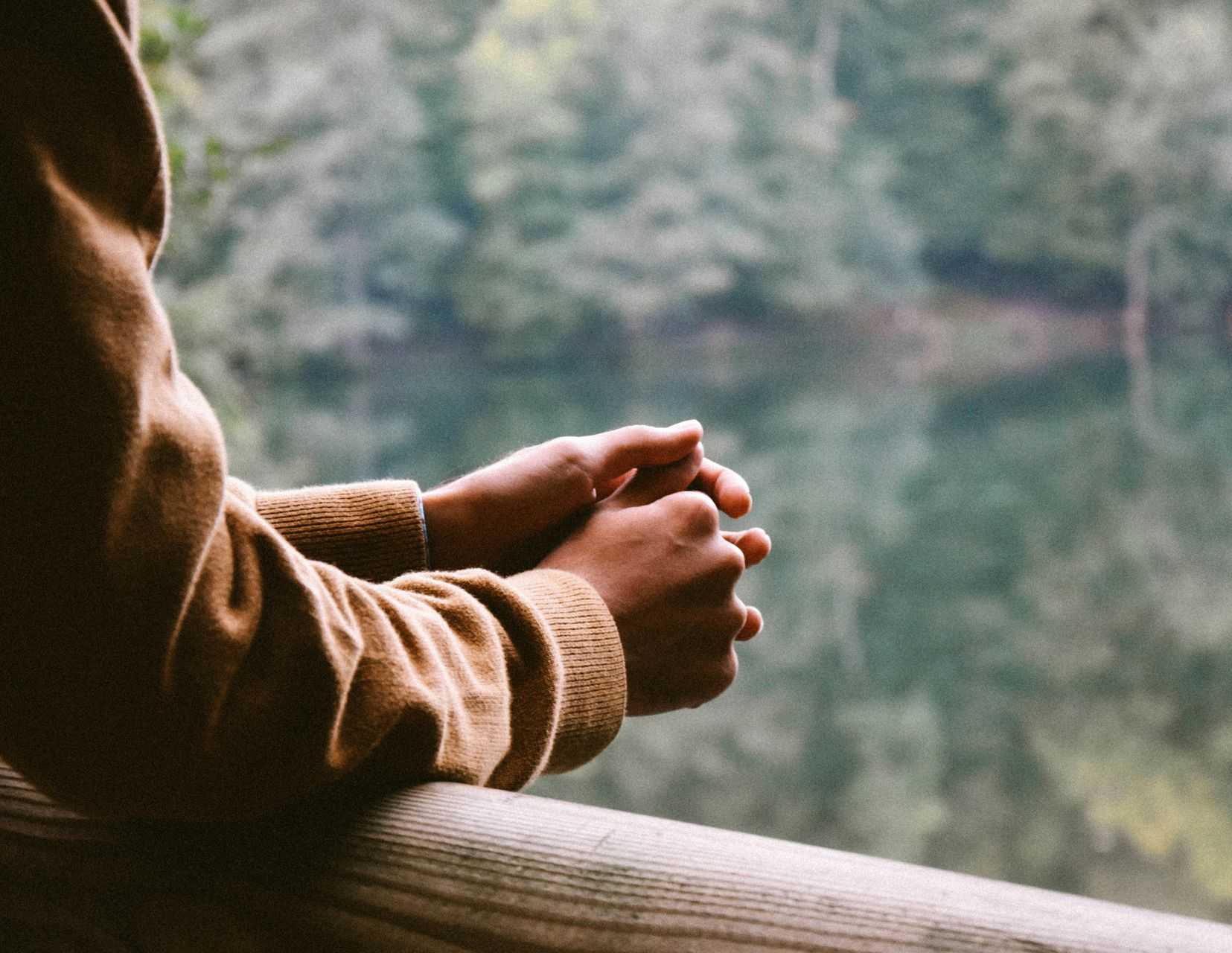 Person resting hands on a wooden railing, overlooking a calm lake surrounded by trees.