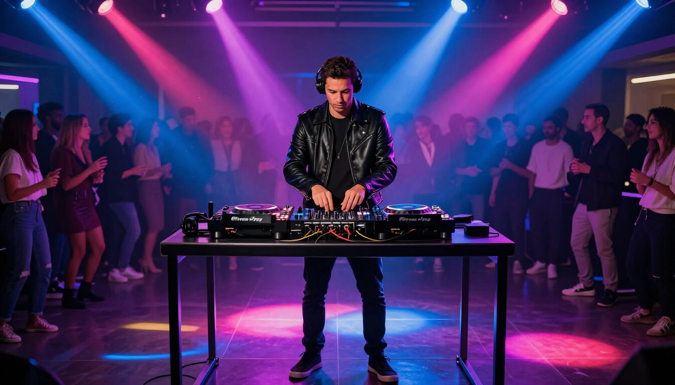 photorealistic professional DJ performing at a high-energy corporate party with vibrant lighting