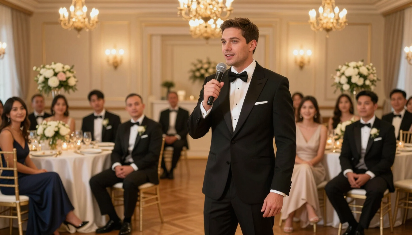 A charismatic emcee hosting a wedding reception with a microphone in hand.