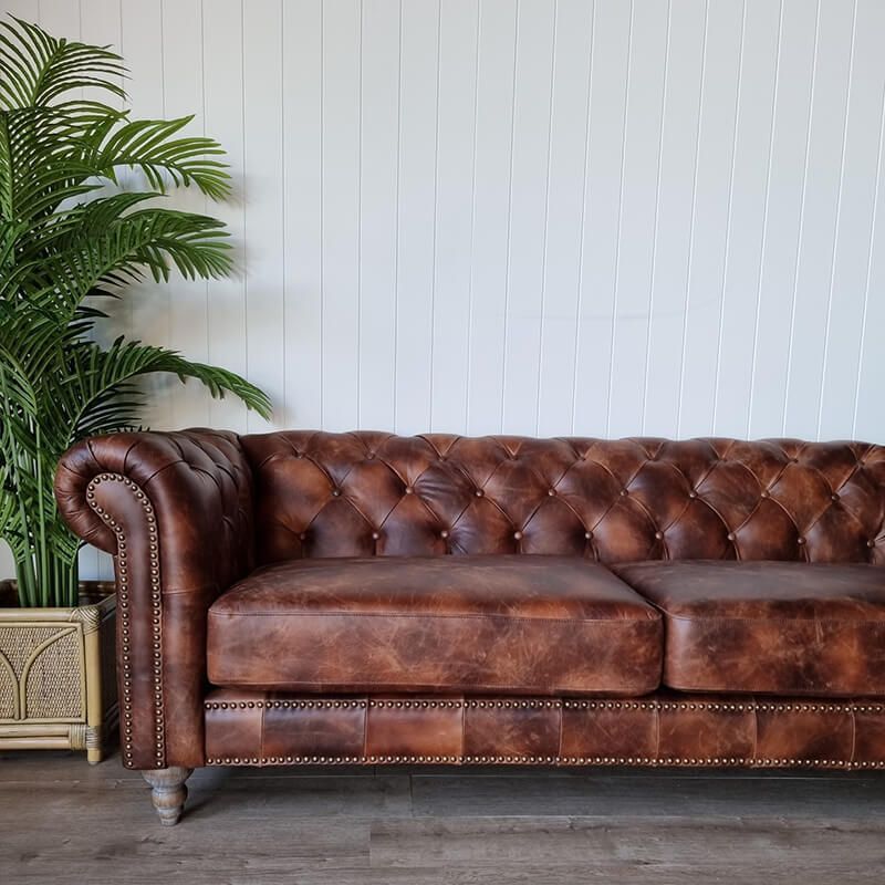A brown leather couch is sitting in a living room next to a plant.